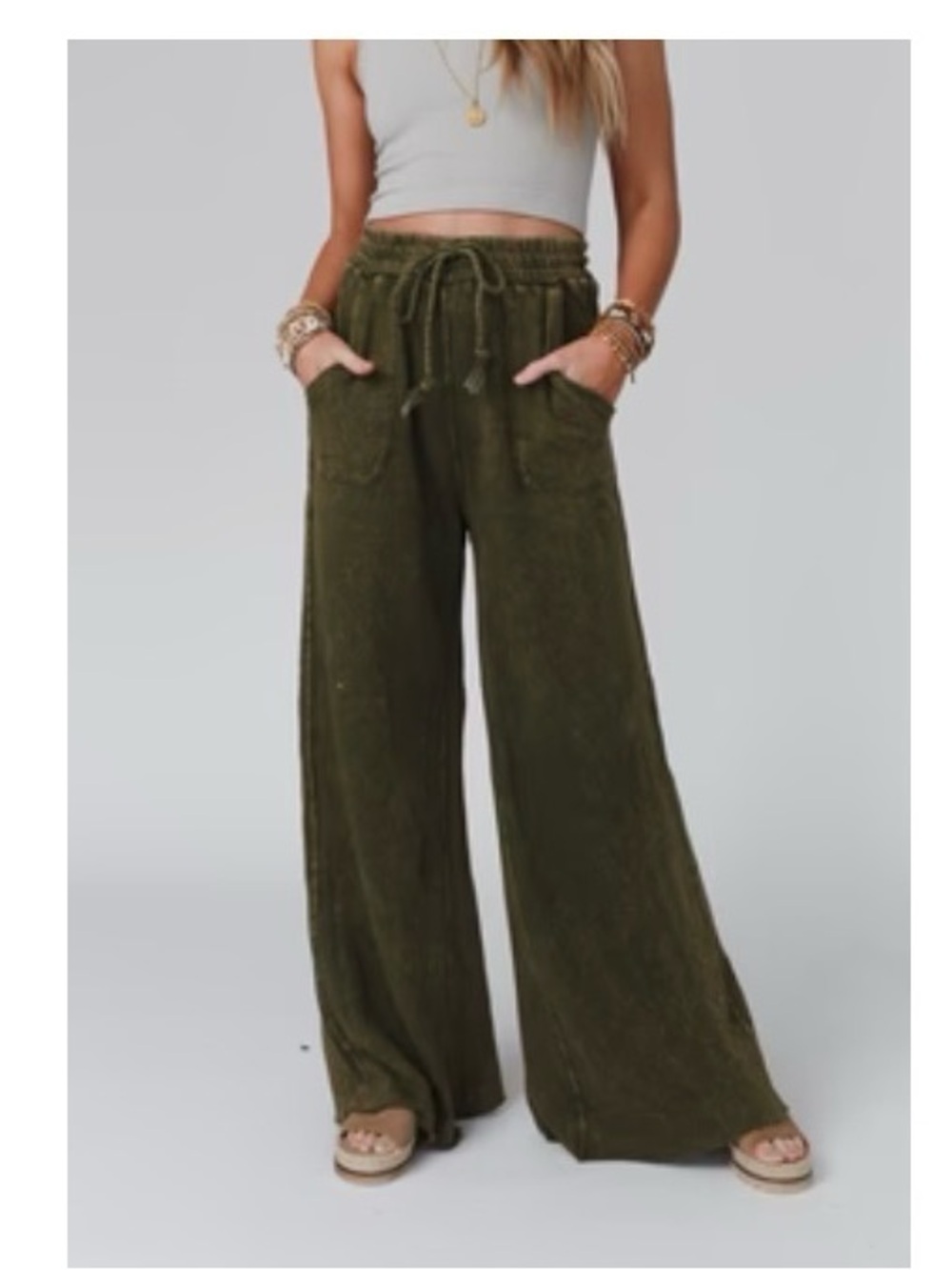 Three Bird Nest Wide Leg Olive Green Drawstring Pants  (long length) sz L